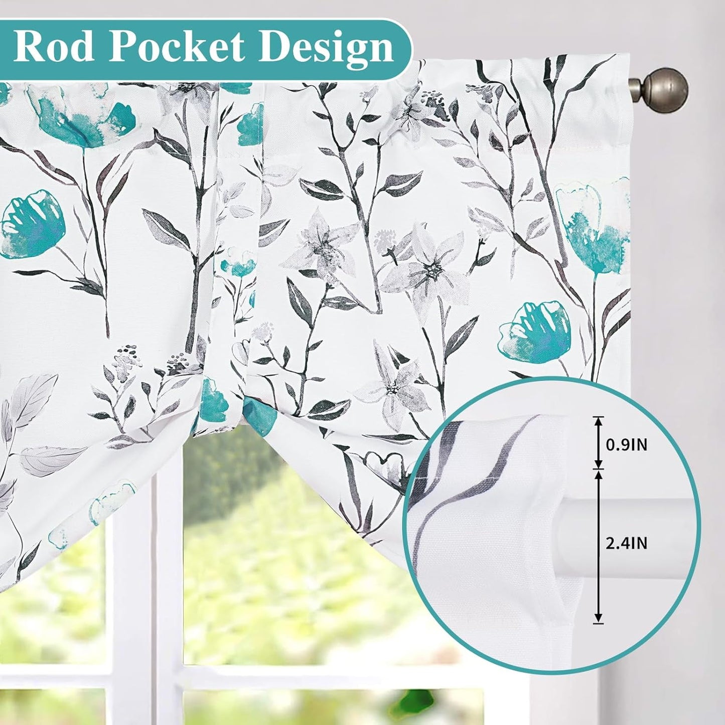 Alishomtll Teal Gray Watercolor Floral Printed Tie Up Valances Curtains Window Drapes, 54 x 18 Inch
