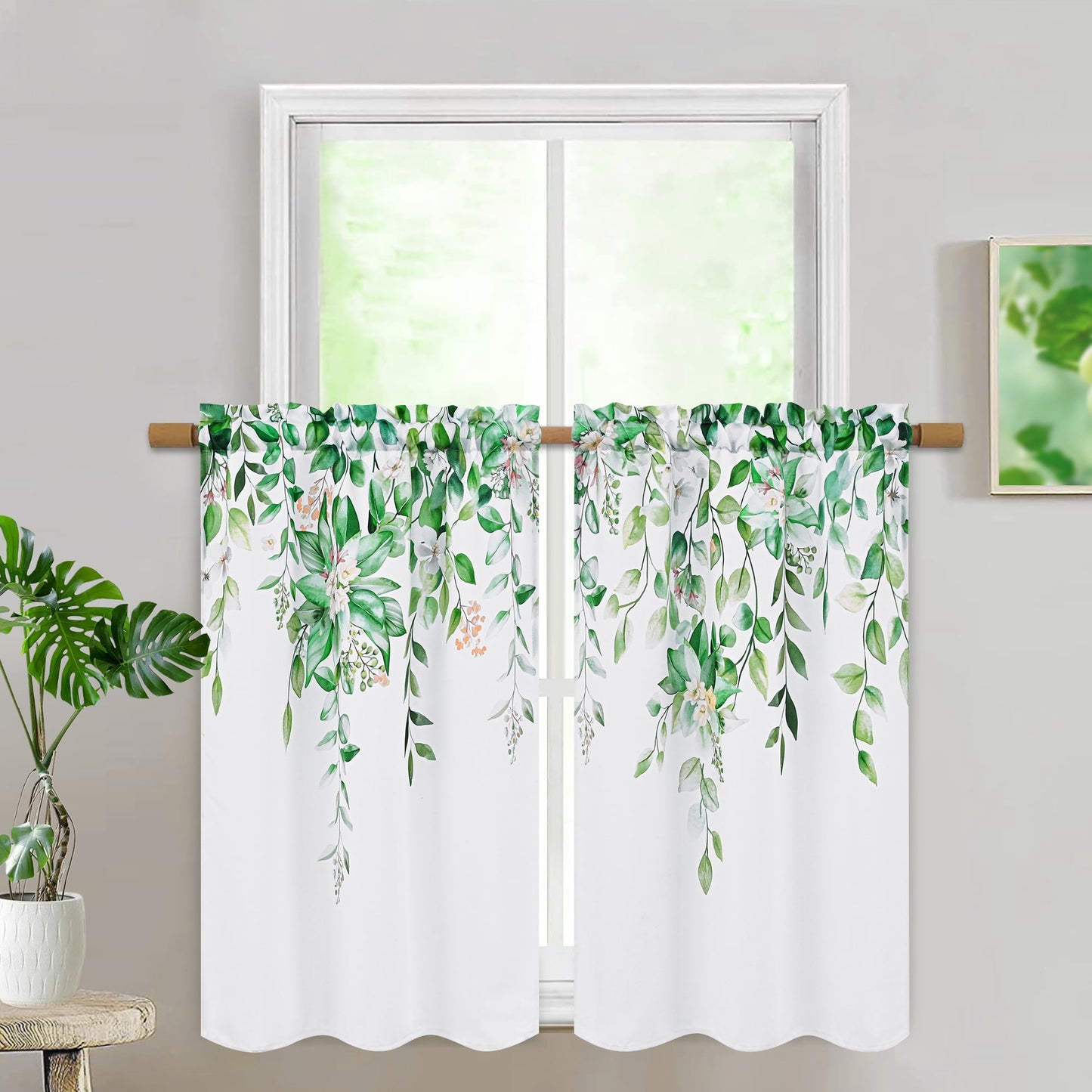 Alishomtll Green Valance Curtains for Living Room Bedroom Kitchen Windows Watercolor Floral Print ,52 x 18 inch,Rod Pocket