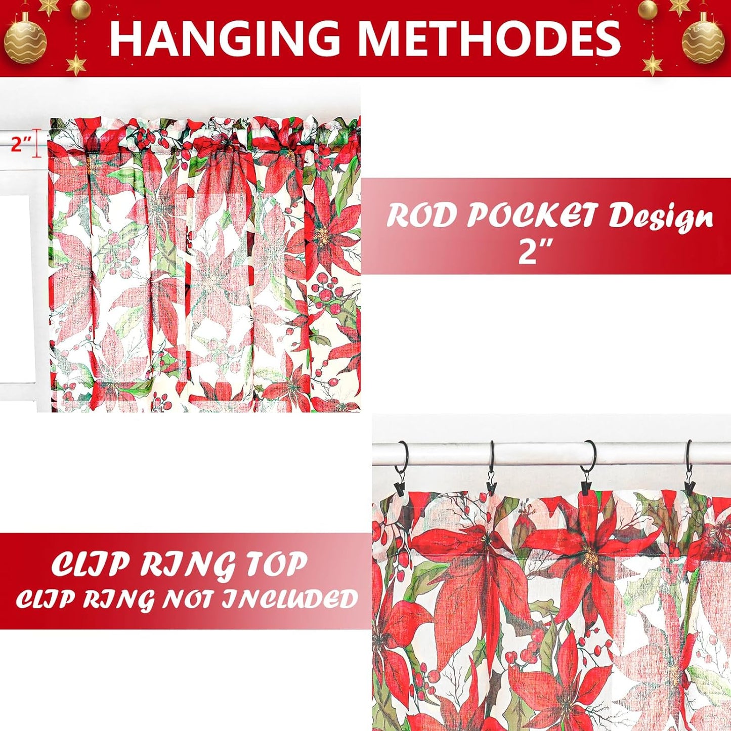 Alishomtll Christmas Sheer Curtains Poinsettia Theme Rod Pocket Window Drapes for Bedroom Living Room, 2 Panels,52 x 84 inch