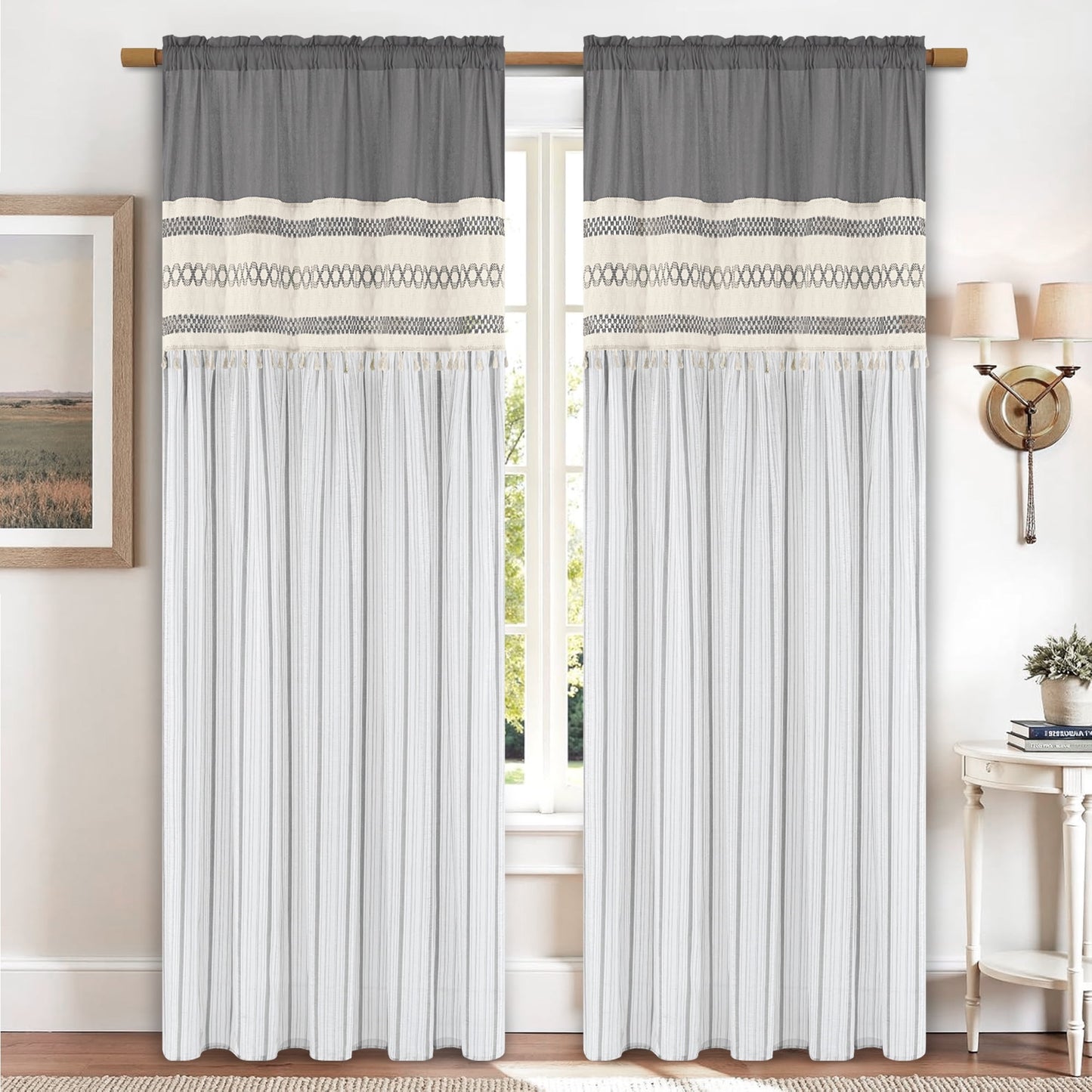 Alishomtll Boho Linen Light Filtering Curtains 84 Inches Long Farmhouse Rustic Striped Drapes Macrame Burlap ,Rod Pocket ,Beige ,with Tassel