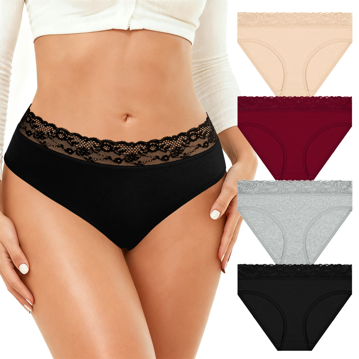 MecTo Womens Cotton Underwear 5 Pack Lace Trim High Waisted Panties Breathable Wicking Briefs