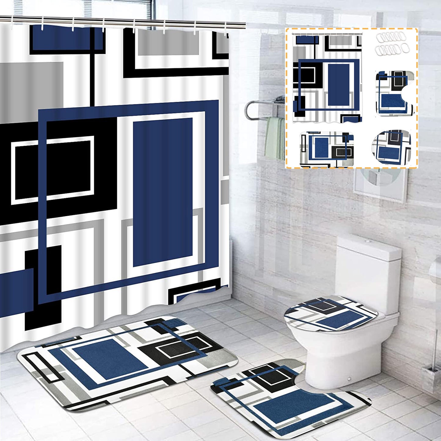 FRAMICS Blue Black Geometric Shower Curtain and Rug Sets, 16 Pc Modern Abstract Bathroom Sets, Waterproof Fabric Shower Curtain with 12 Hooks and Toilet Rugs