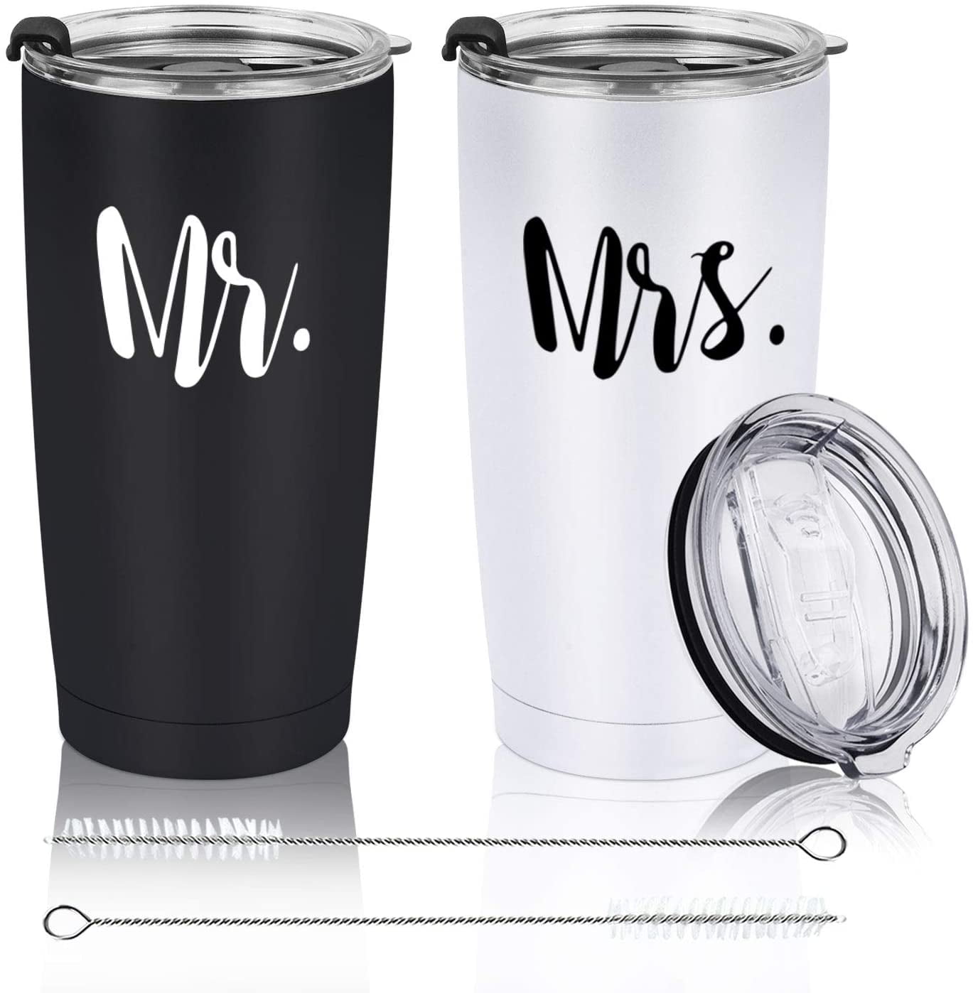 Gingprous 2 Pack 20 oz Mr and Mrs Stainless Steel Travel Tumblers Set with Lids Straws , Vacuum Insulated Tumblers , Black&White