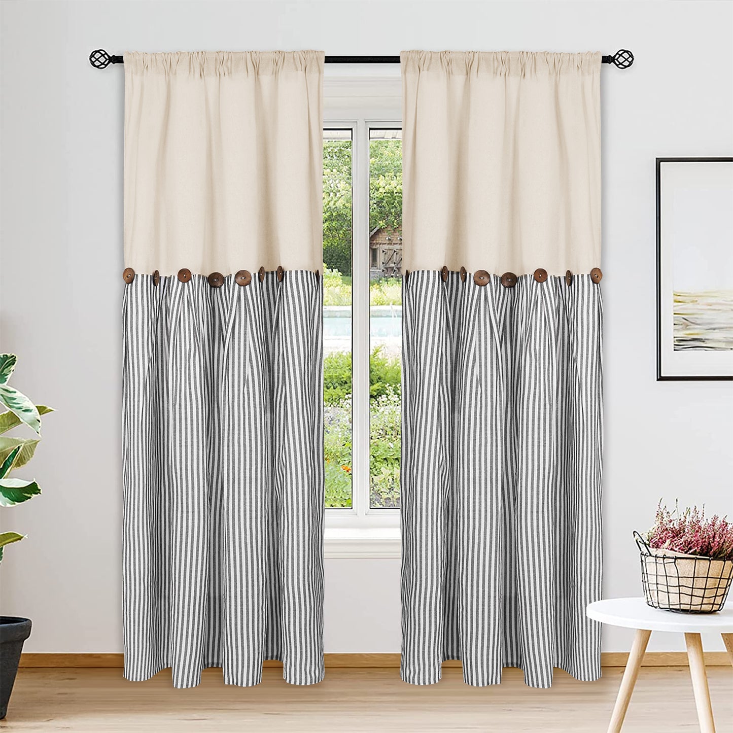 Alishomtll Farmhouse Curtains Natural Stripe Cotton Linen Button Boho Rustic Rod Pocket Back Tab Window Drapes for Living Room , 2 Panels