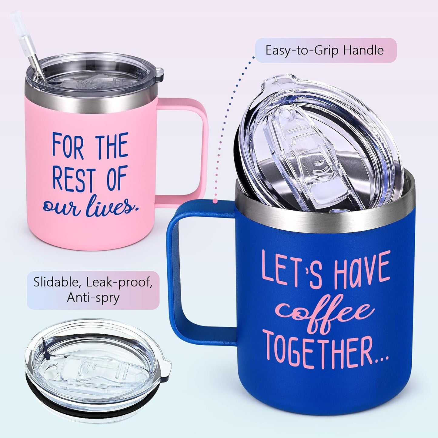Gingprous "Lets Have Coffee Together For The Rest Of Our Lives " Stainless Steel Tumbler Set , 12 oz Vacuum Insulated Tumblers, Engagement Mr and Mrs Wedding Gift for Couple, Blue & Pink