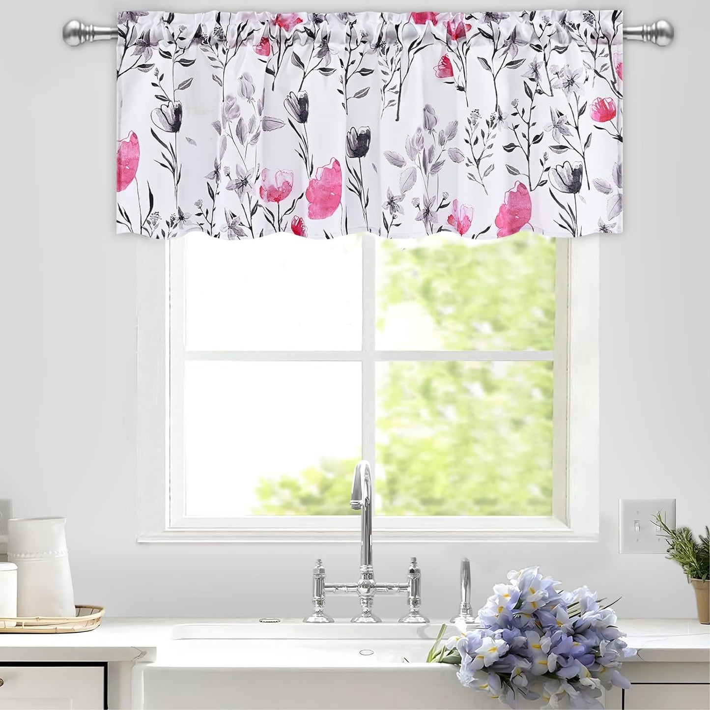 Alishomtll Valance Curtains Flower Print Window Curtain Valance Rod Pocket, Hot Pink ,52W" x 18L"
