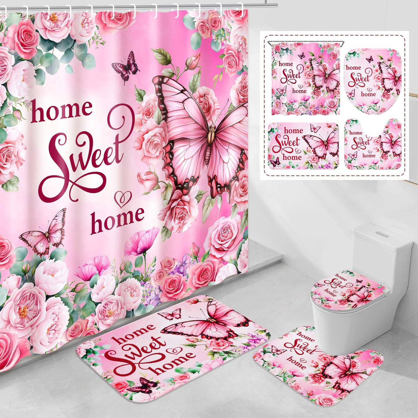 FRAMICS Pink Butterfly Shower Curtain Sets with Rugs, 16 Pcs Floral Farmhouse Bathroom Sets, Waterproof Fabric Bathroom Curtain Decor with Hooks