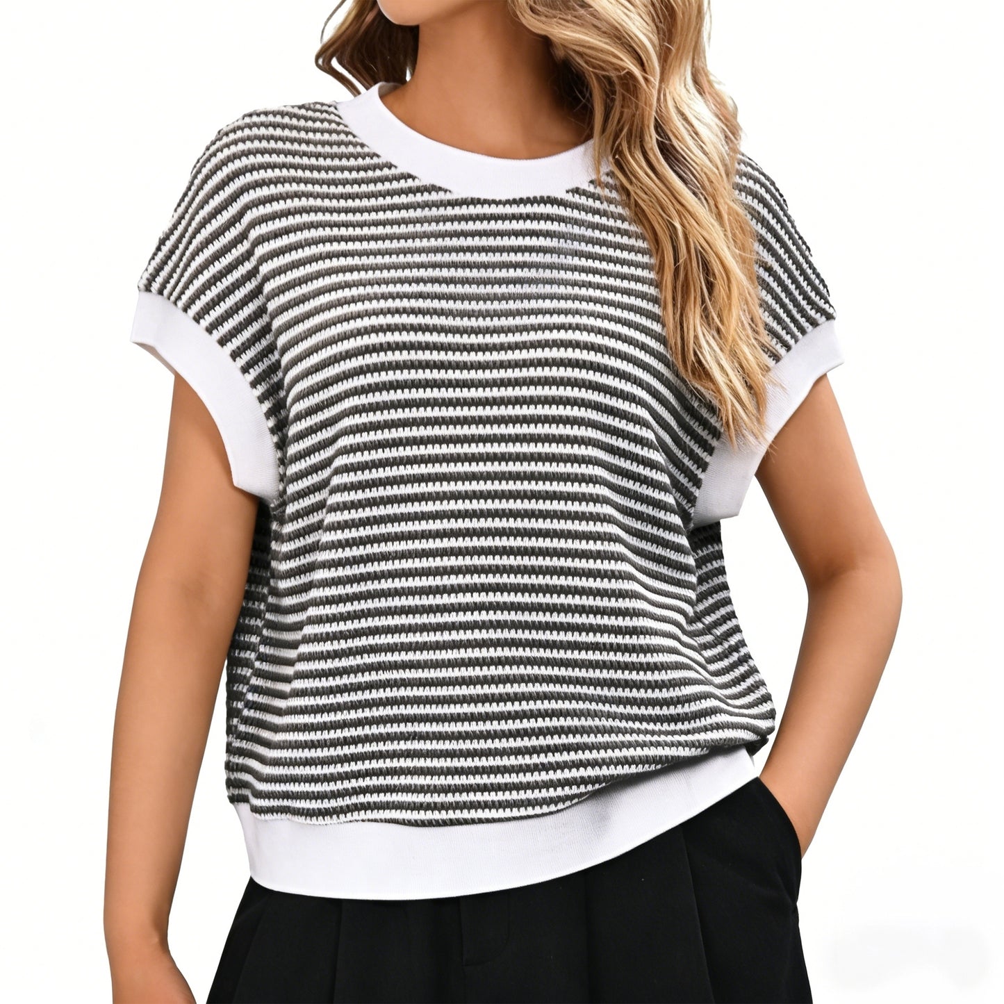 Gingprous Women's Striped Cap Sleeve Sweater, Crew Neck Knit Top for Spring Summer