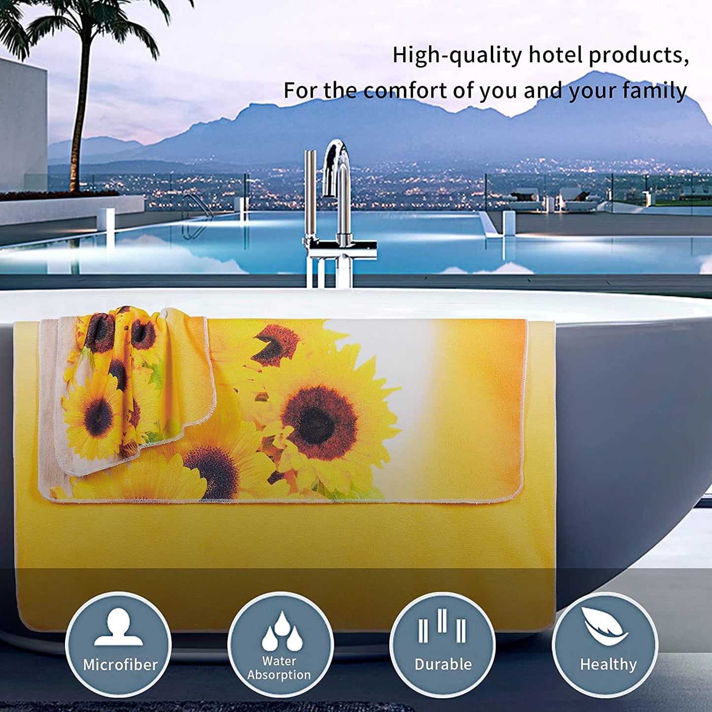 Alishomtll Yellow Bath Towel Sets With Sunflower Pattern Include Beach Towel, Hand Towel and Wash Towel, Super Soft Water Absorbent