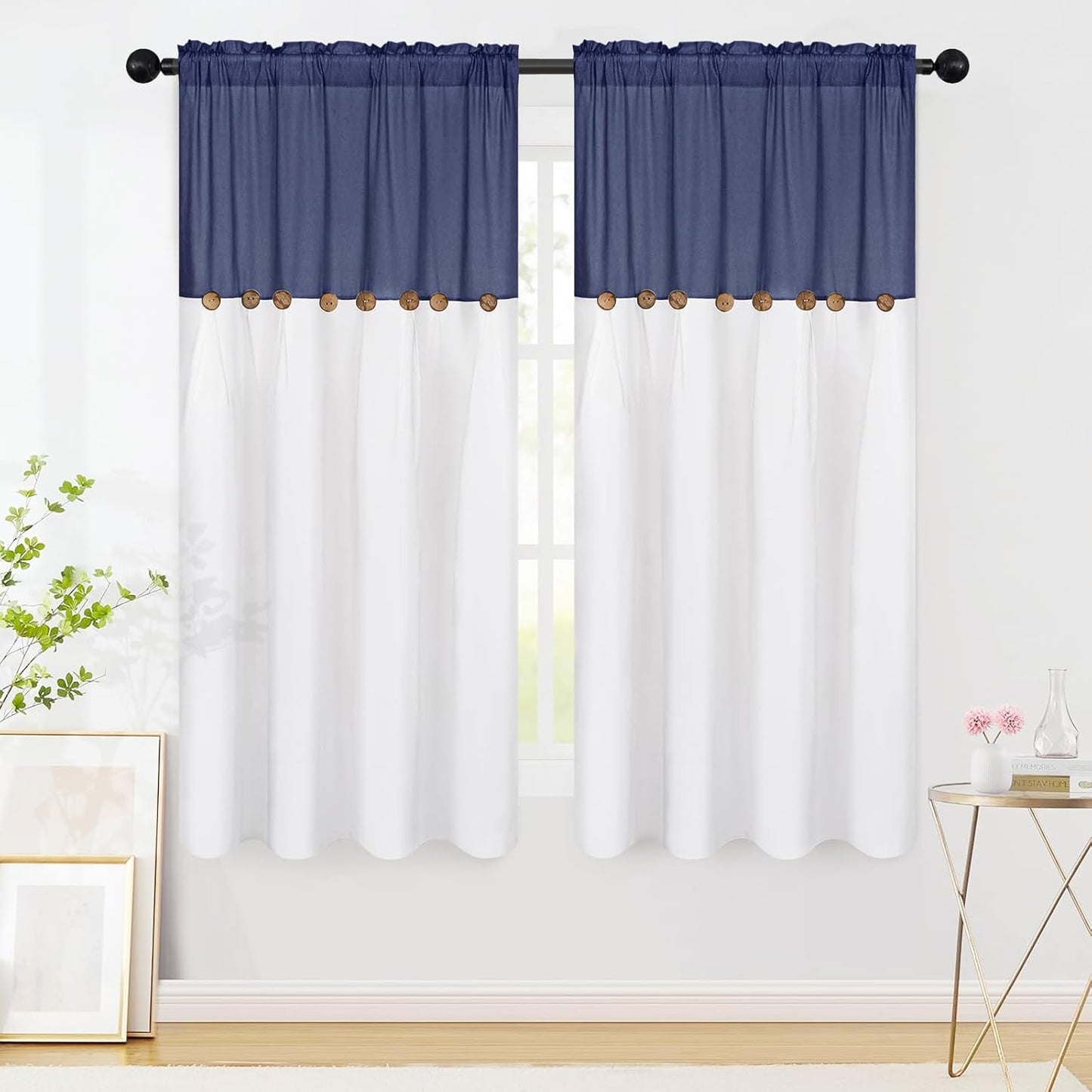 Alishomtll Linen Curtains Farmhouse Boho Button Light Filtering Window Drapes For Living Room Bedroom,Rod Pocket,63"L x 52"W, 2 Panel,Blue White