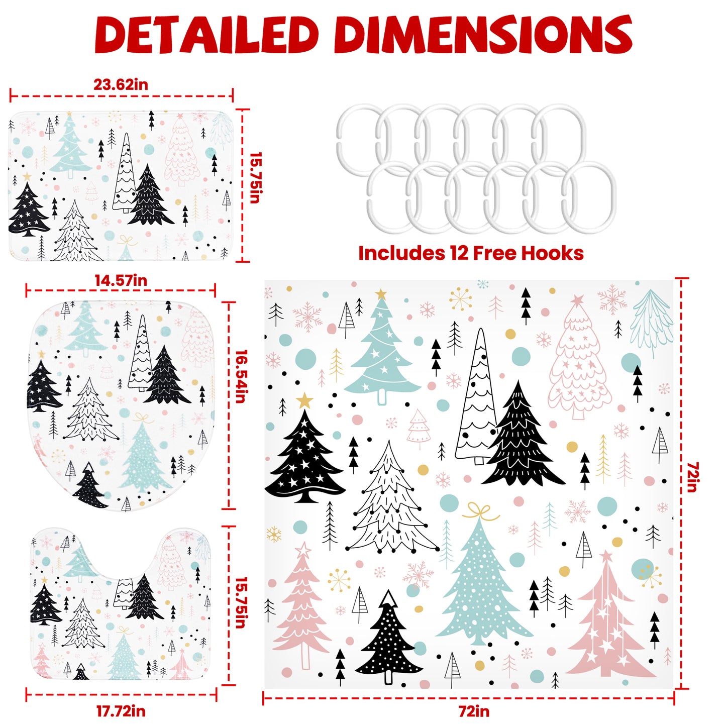 FRAMICS Christmas Shower Curtain Sets with Rugs, 16 Pcs Xmas Tree Bathroom Sets, Waterproof Fabric Bathroom Curtain for Home Holiday Decor with Hooks