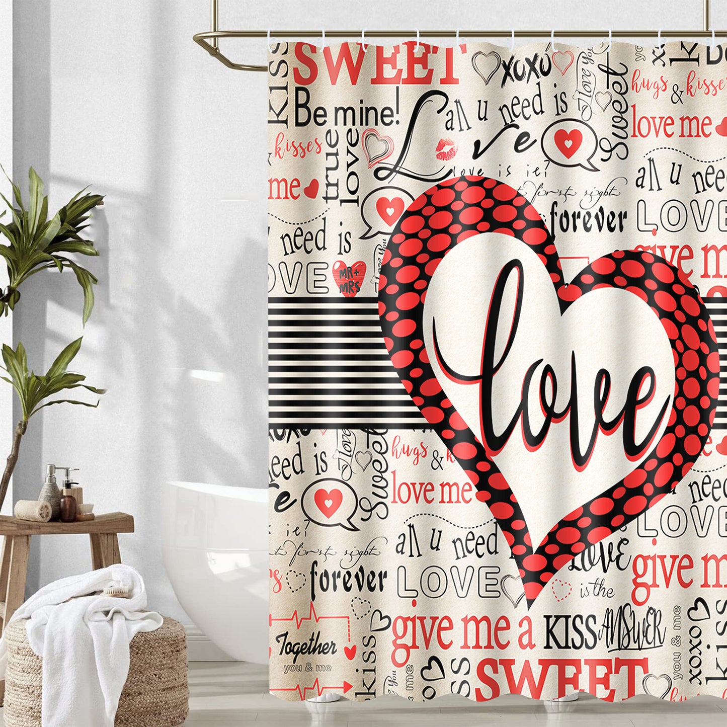 FRAMICS Valentine's Day Shower Curtain Sets with Rugs, 16 Pc Sweet Love Heart Bathroom Sets with Hooks, Romantic Waterproof Fabric Bathroom Decor Gift