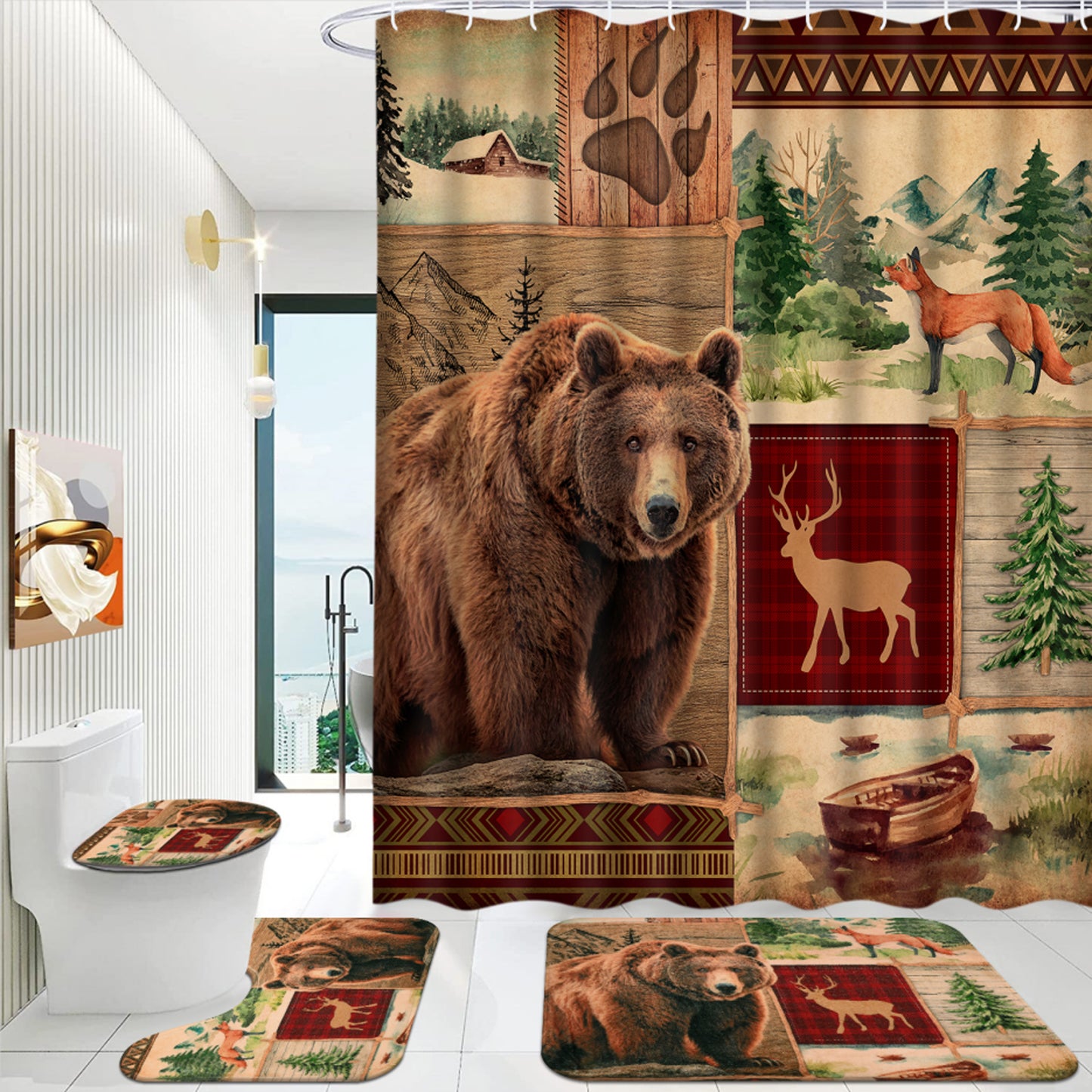 FRAMICS 16 Pc Rustic Bear Shower Curtain Sets with Rugs, Farmhouse Country Cabin Bathroom Sets, Brown Deer Waterproof Fabric Shower Curtain with 12 Hooks and Toilet Rugs