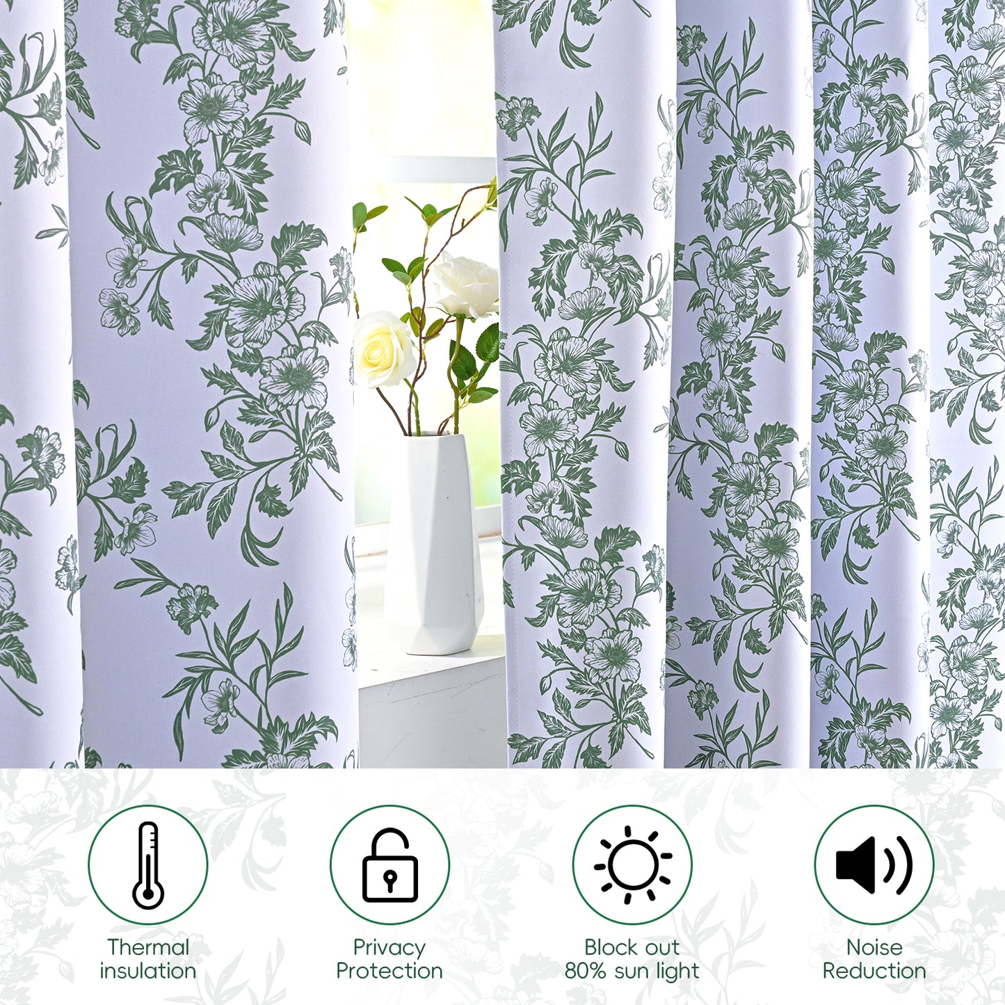 Alishomtll Floral Curtains Blackout Thermal Insulated Room Darkening Window Drapes for Living Room,Sage Green ,52"x84", 2 Panels