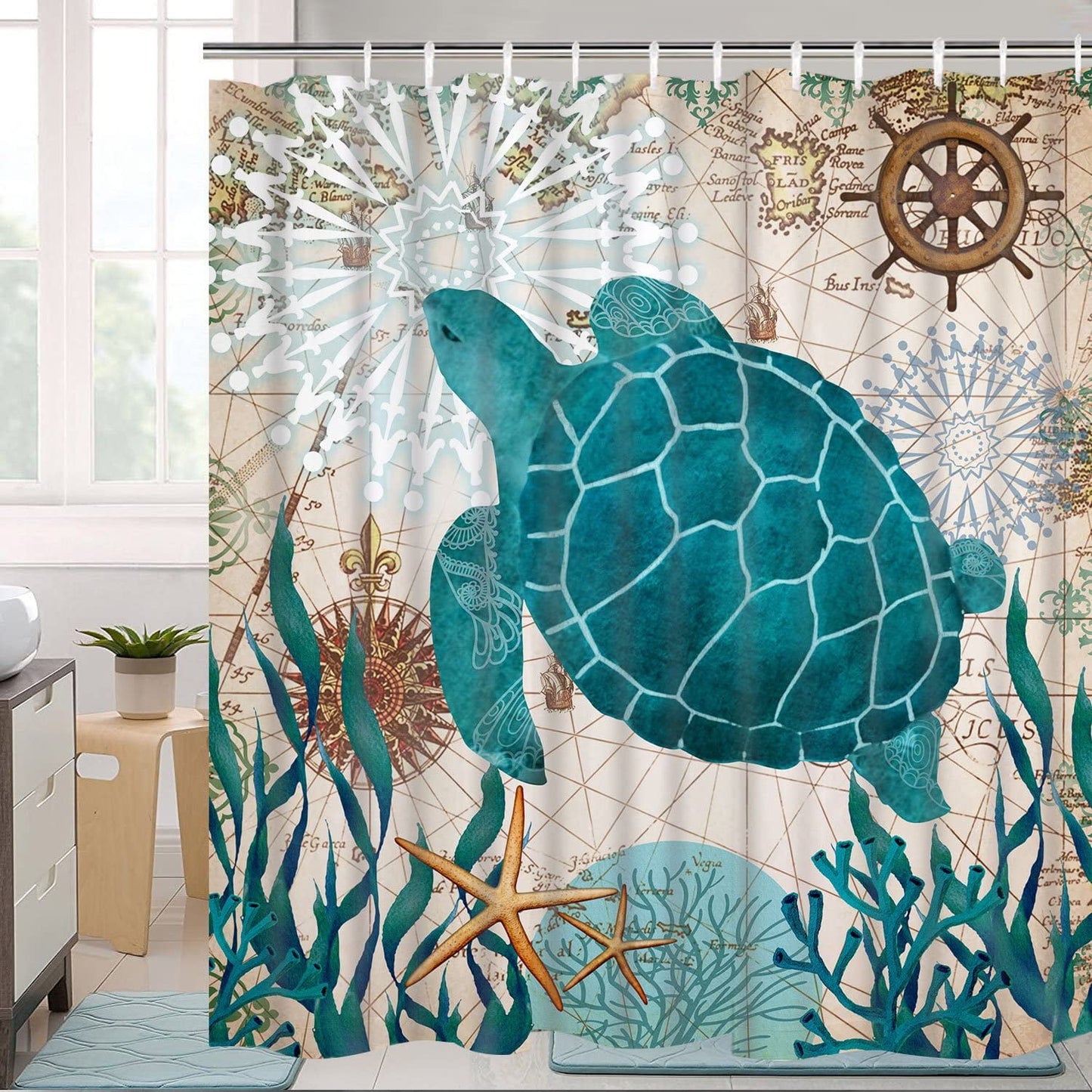 FRAMICS Sea Turtle Shower Curtain and Rug Sets, 16 Pc Blue Nautical Ocean Bathroom Sets, Waterproof Fabric Shower Curtain with 12 Hooks and Toilet Rugs