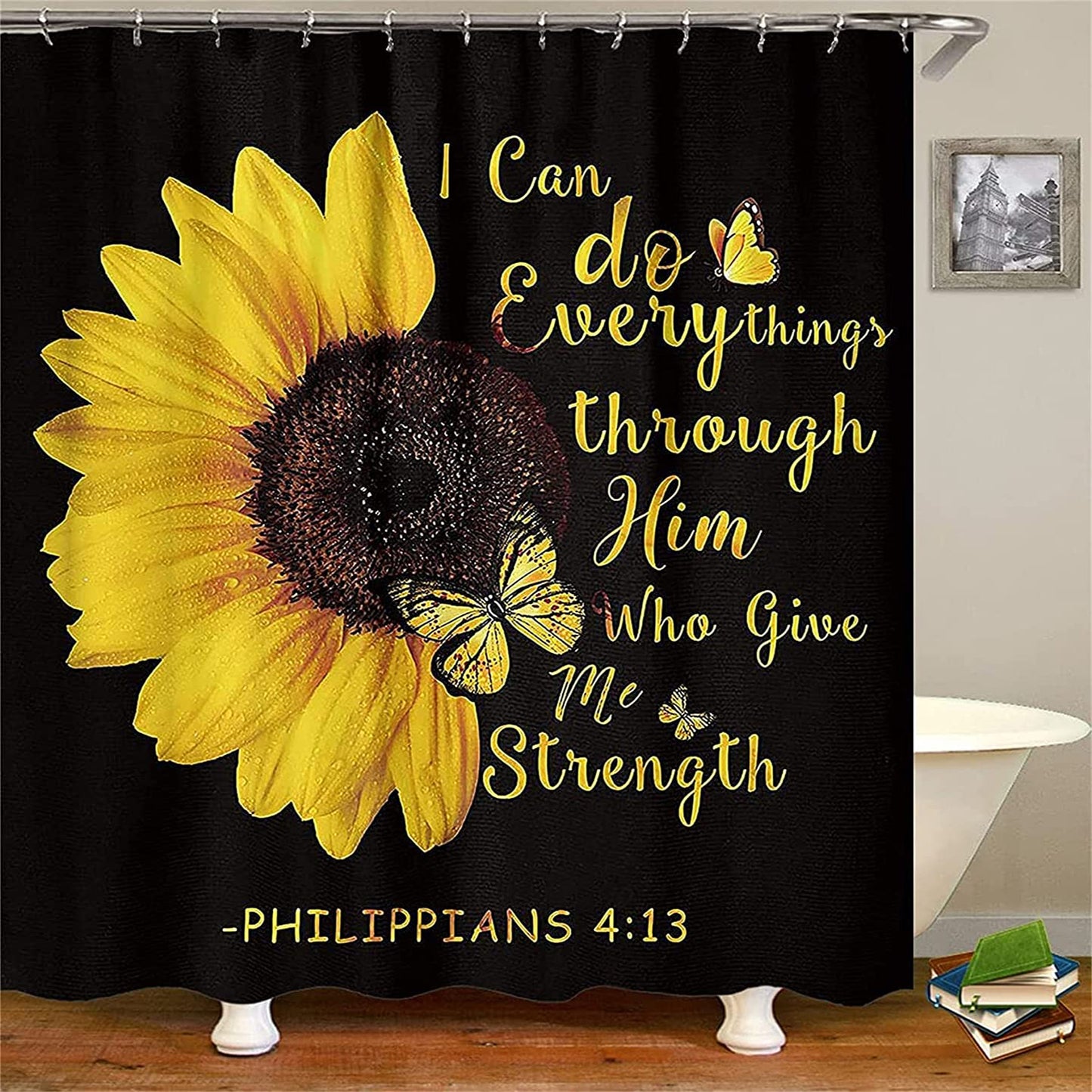 FRAMICS 16 Pc Sunflower Butterfly Shower Curtain and Rug Sets, Flower Quotes Bathroom Sets, Black Waterproof Fabric Shower Curtain with 12 Hooks and Toilet Rugs