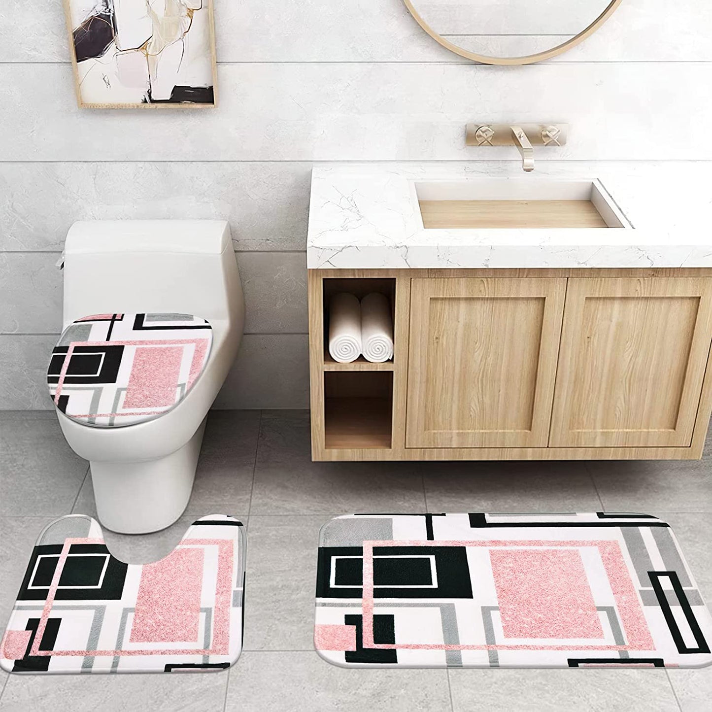 FRAMICS Pink Geometric Shower Curtain Sets with Rugs, 16 Pc Modern Abstract Bathroom Sets, Waterproof Fabric Bathroom Curtain Decor with Hooks
