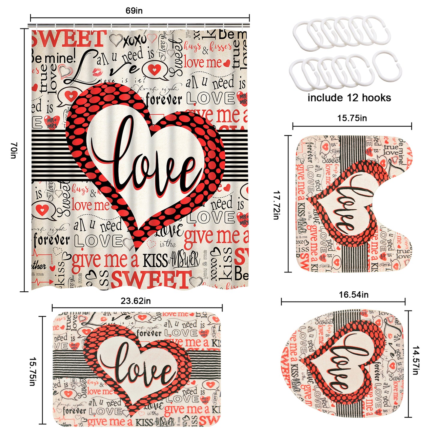FRAMICS Valentine's Day Shower Curtain Sets with Rugs, 16 Pc Sweet Love Heart Bathroom Sets with Hooks, Romantic Waterproof Fabric Bathroom Decor Gift
