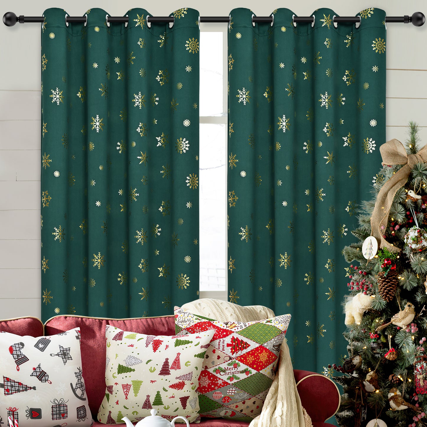 Alishomtll Gold Snowflake Foil Print Christmas Blackout Curtains, Christmas Grommet Window Curtains Drapes, 104" x 84", Green