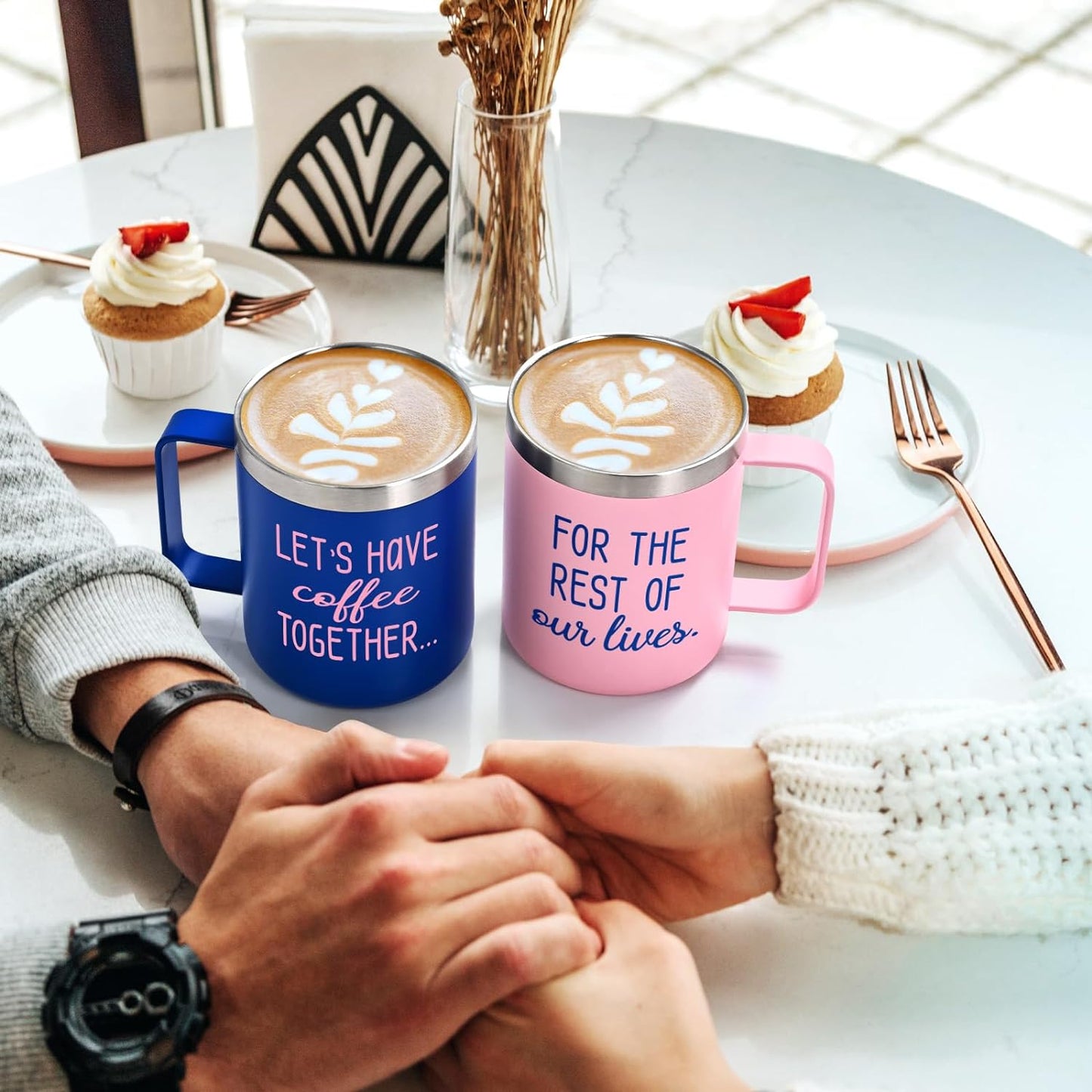 Gingprous "Lets Have Coffee Together For The Rest Of Our Lives " Stainless Steel Tumbler Set , 12 oz Vacuum Insulated Tumblers, Engagement Mr and Mrs Wedding Gift for Couple, Blue & Pink