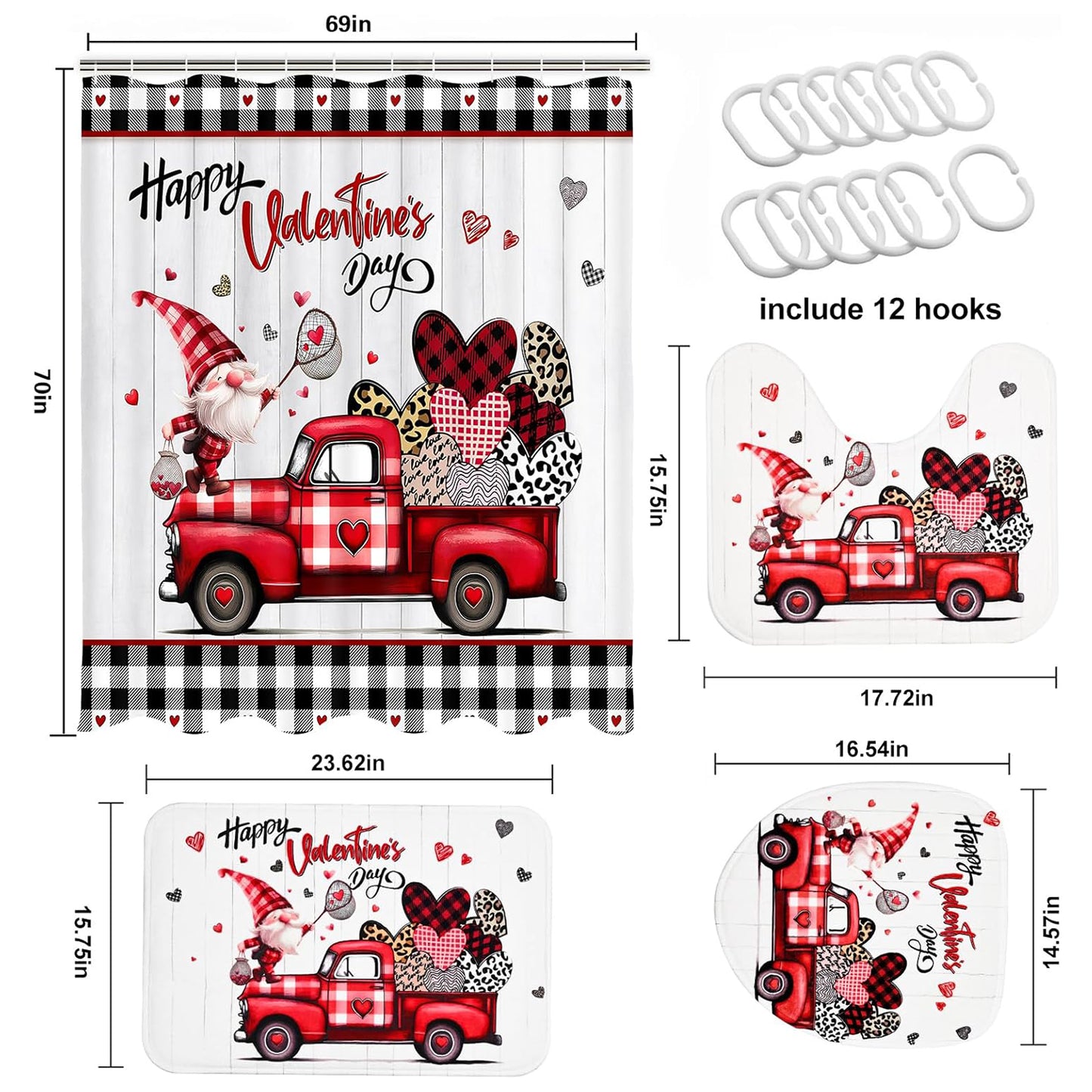 FRAMICS Valentine's Day Shower Curtain Sets with Rugs, 16 Pc Gnome Love Heart Truck Bathroom Sets, Buffalo Check Plaid Waterproof Fabric Bathroom Curtain Decor with Hooks