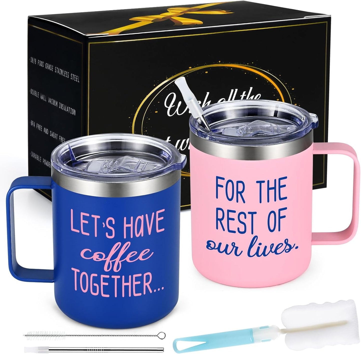 Gingprous "Lets Have Coffee Together For The Rest Of Our Lives " Stainless Steel Tumbler Set , 12 oz Vacuum Insulated Tumblers, Engagement Mr and Mrs Wedding Gift for Couple, Blue & Pink