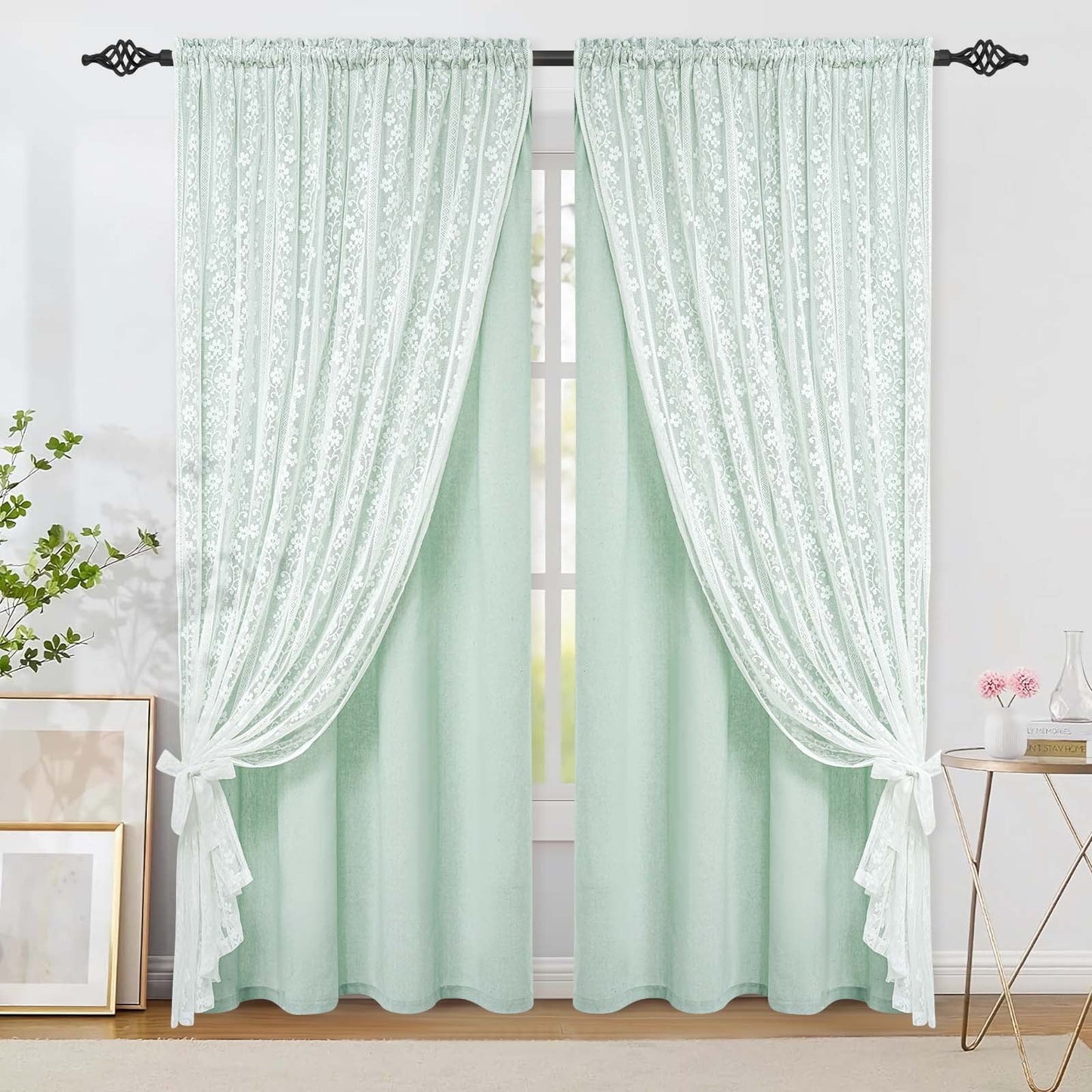 Alishomtll Beige Linen Curtains with Lace Sheer 84 Inches Long, Double Layer Light Filtering Window Drapes for Bedroom Living Room,W52 X L84,2 Panels