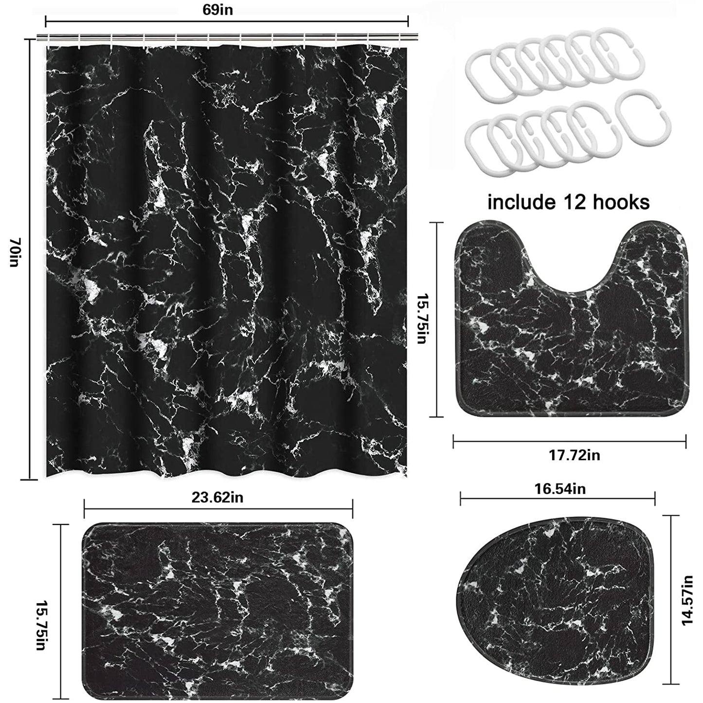 FRAMICS Black White Marble Shower Curtain and Rug Sets, 16 Pc Abstract Modern Bathroom Sets, Waterproof Fabric Shower Curtain with 12 Hooks and Toilet Rugs