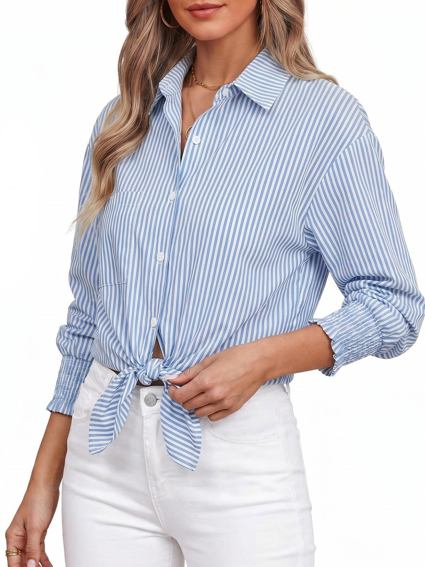 Gingprous Women Striped Button Down Shirt Oversized Long Sleeve Blouse with Smocked Cuffs Pocket