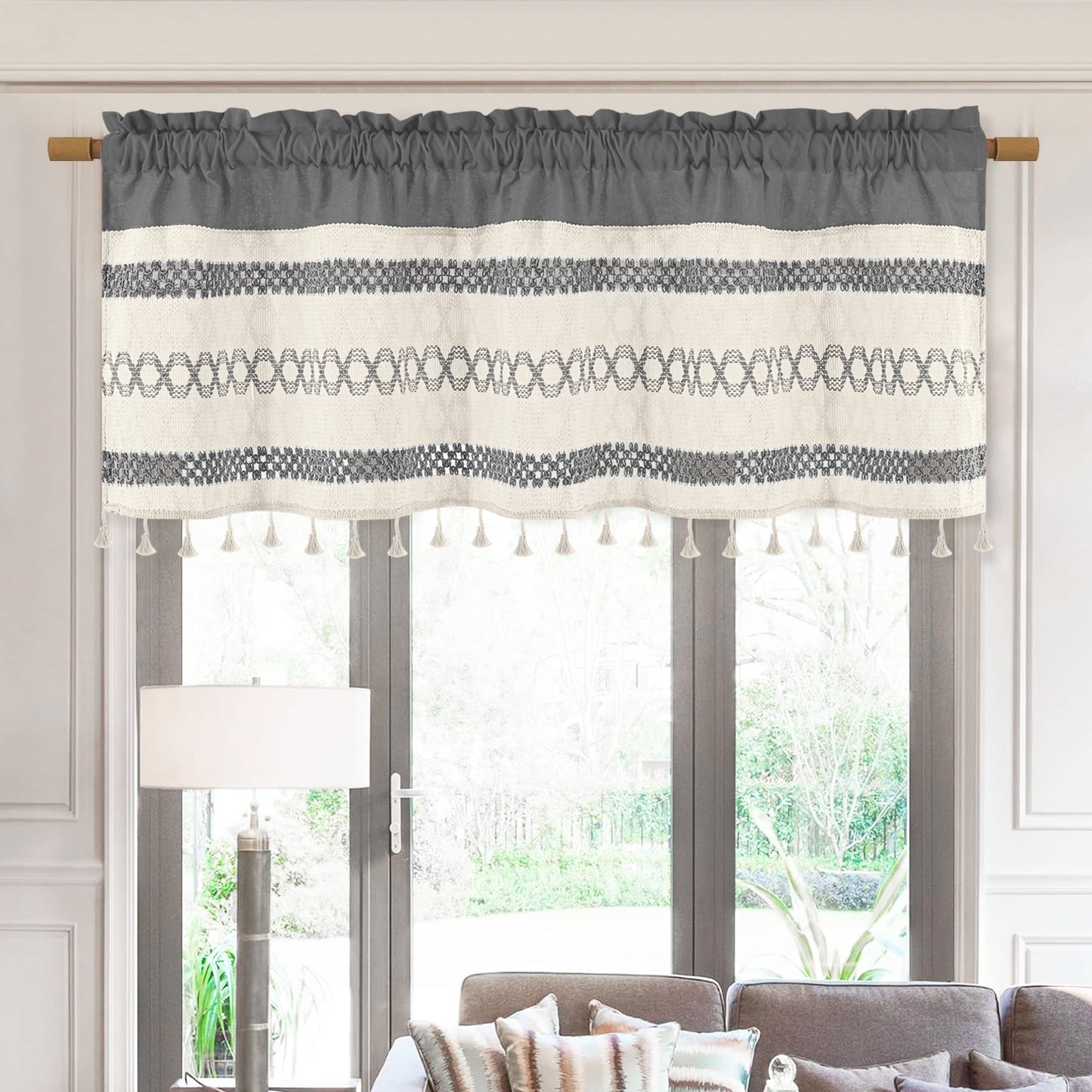 Alishomtll Boho Linen Light Filtering Curtains 84 Inches Long Farmhouse Rustic Striped Drapes Macrame Burlap ,Rod Pocket ,Beige ,with Tassel