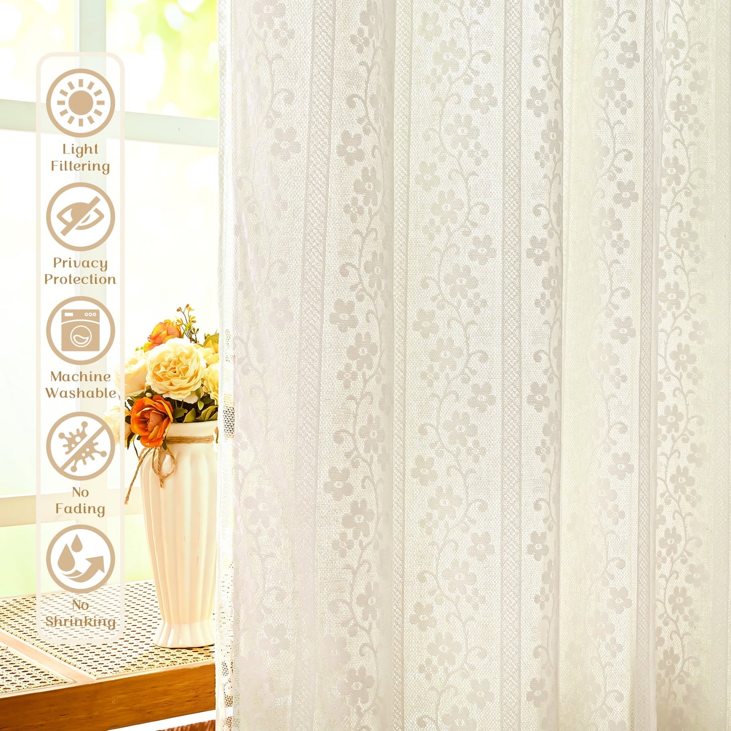 Alishomtll Beige Linen Curtains with Lace Sheer 84 Inches Long, Double Layer Light Filtering Window Drapes for Bedroom Living Room,W52 X L84,2 Panels