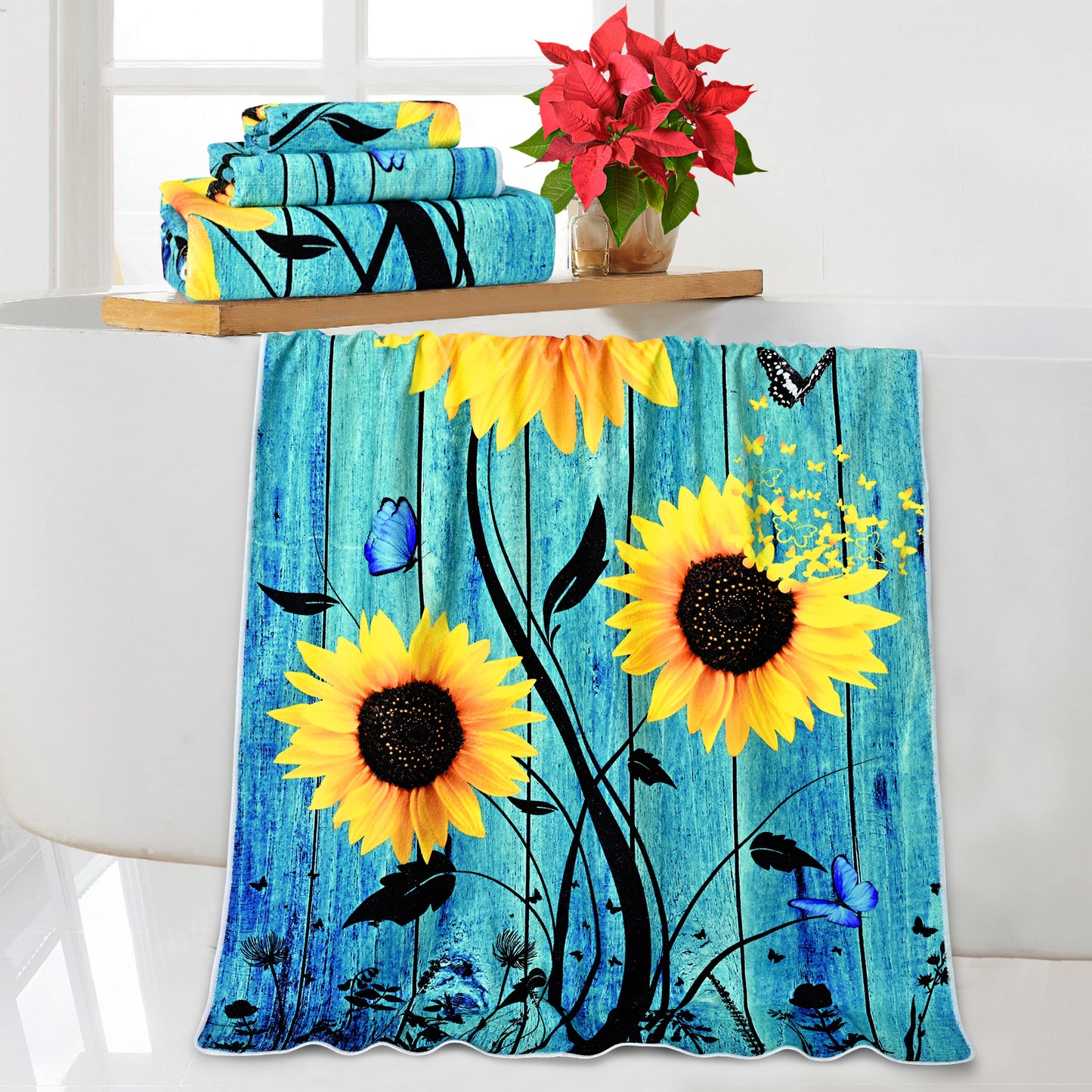 Alishomtll Rustic Country Sunflower Bath Towels 3Pcs Bathroom Towels Sets Include Bath Towel, Hand Towel and Washcloth,Butterfly Floral Print