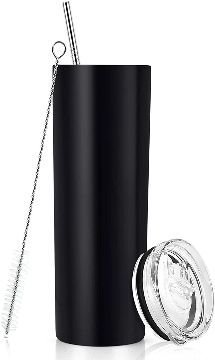Gingprous 20 oz Stainless Steel Skinny Tumbler with Lid and Straw, Double Wall Vacuum Insulated Slim Water Tumbler Cup,Black