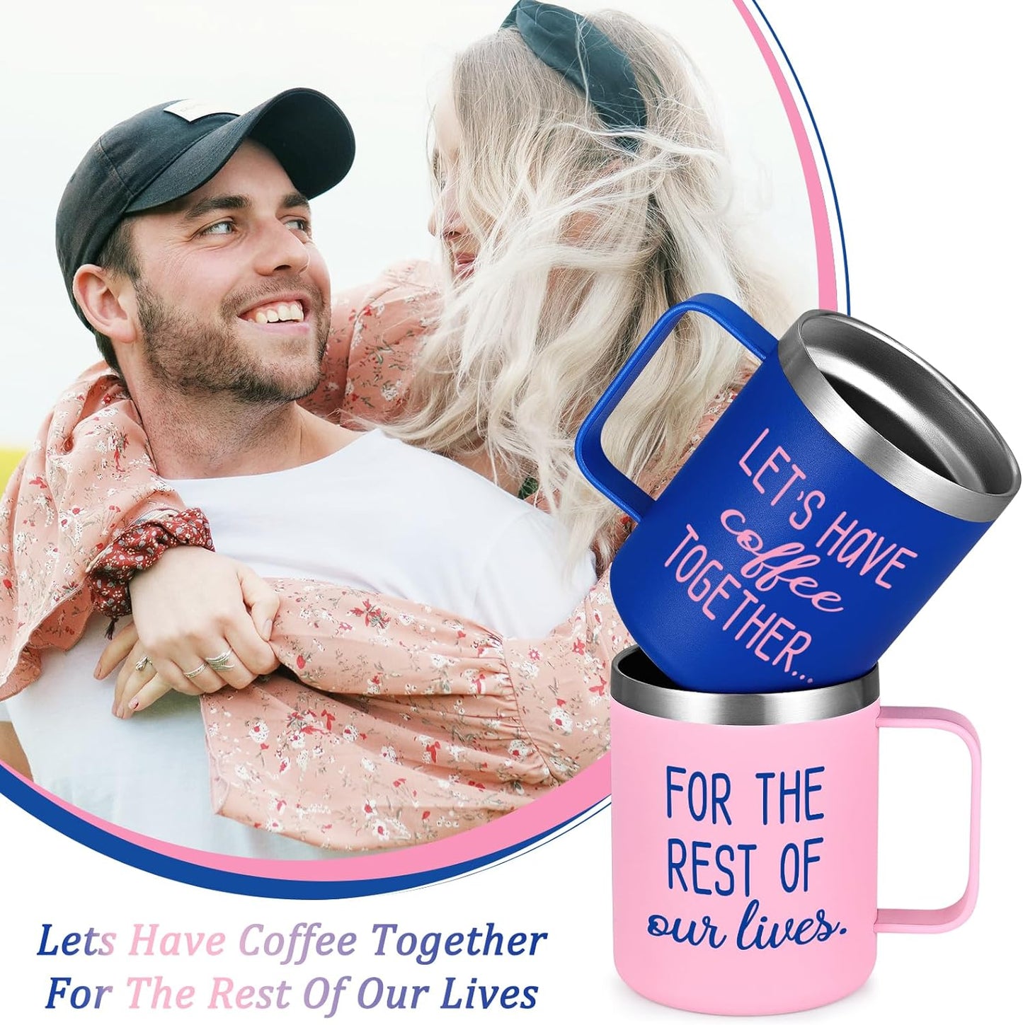 Gingprous "Lets Have Coffee Together For The Rest Of Our Lives " Stainless Steel Tumbler Set , 12 oz Vacuum Insulated Tumblers, Engagement Mr and Mrs Wedding Gift for Couple, Blue & Pink