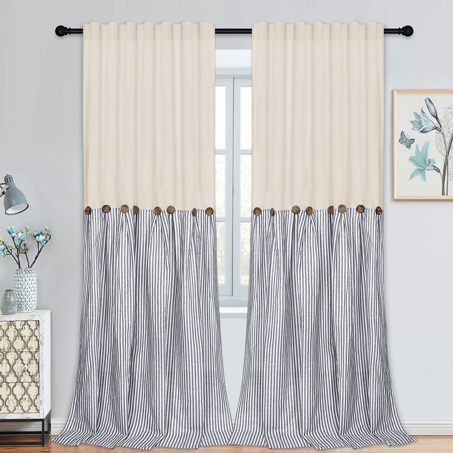 Alishomtll Farmhouse Curtains Natural Stripe Cotton Linen Button Boho Rustic Rod Pocket Back Tab Window Drapes for Living Room , 2 Panels