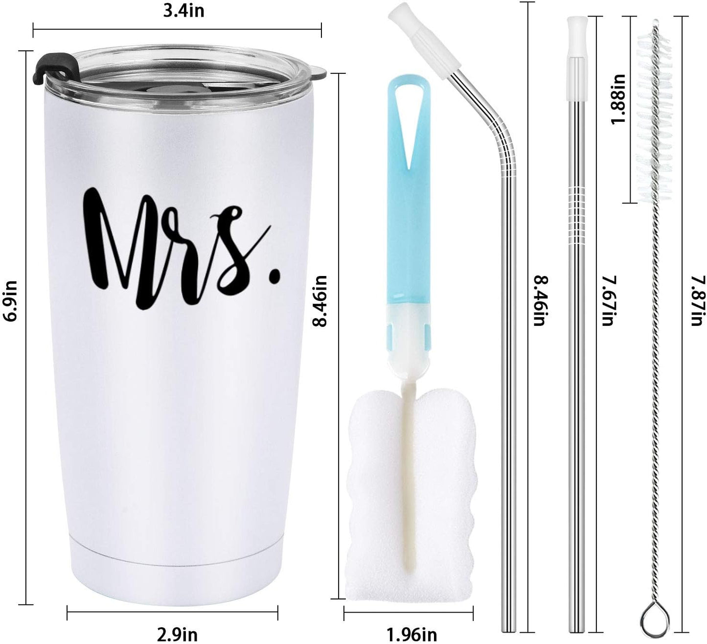 Gingprous 2 Pack 20 oz Mr and Mrs Stainless Steel Travel Tumblers Set with Lids Straws , Vacuum Insulated Tumblers , Black&White