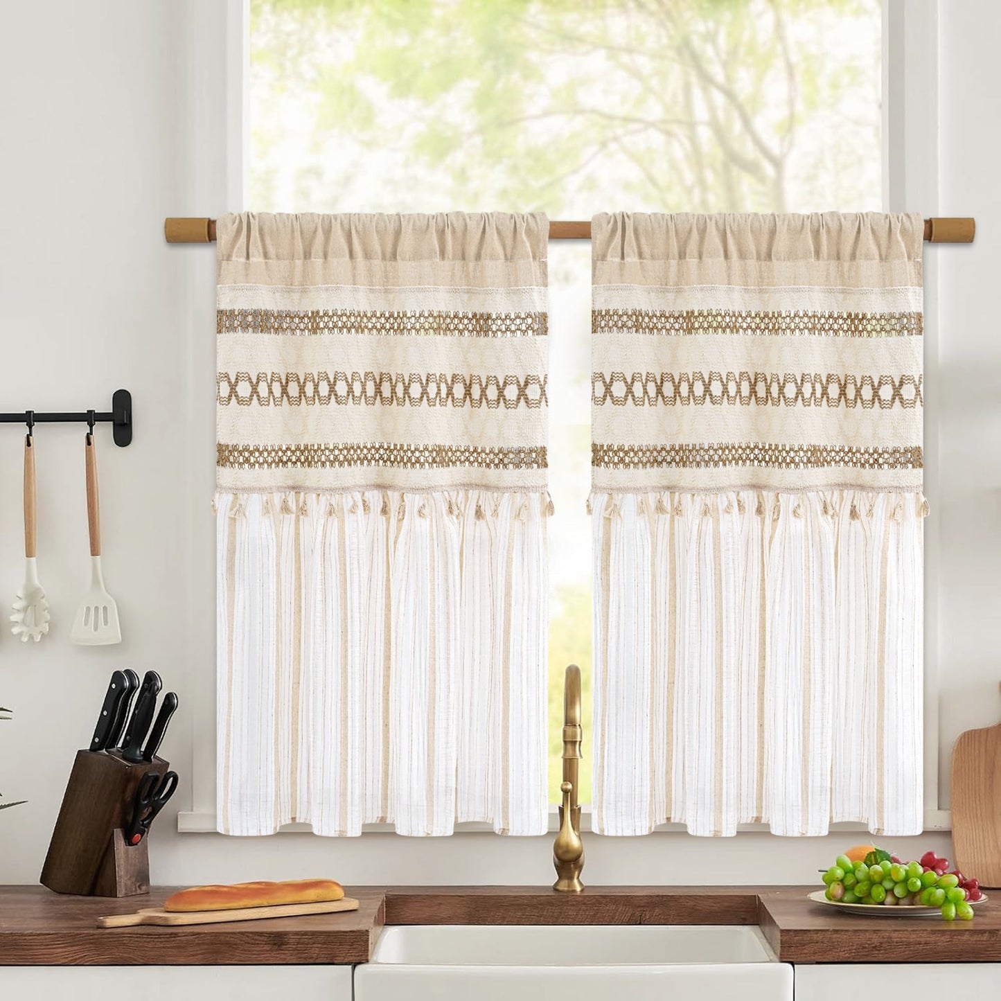 Alishomtll Boho Linen Light Filtering Curtains 84 Inches Long Farmhouse Rustic Striped Drapes Macrame Burlap ,Rod Pocket ,Beige ,with Tassel