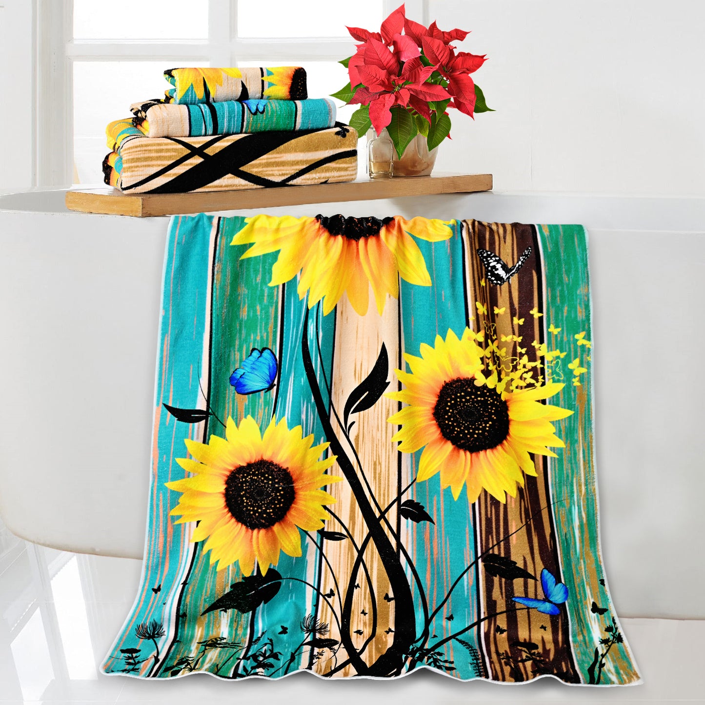 Alishomtll Sunflower Butterfly Bath Towels 3Pcs Bathroom Towels Sets Include Bath Towel, Hand Towel and Washcloth,Rustic Country Style