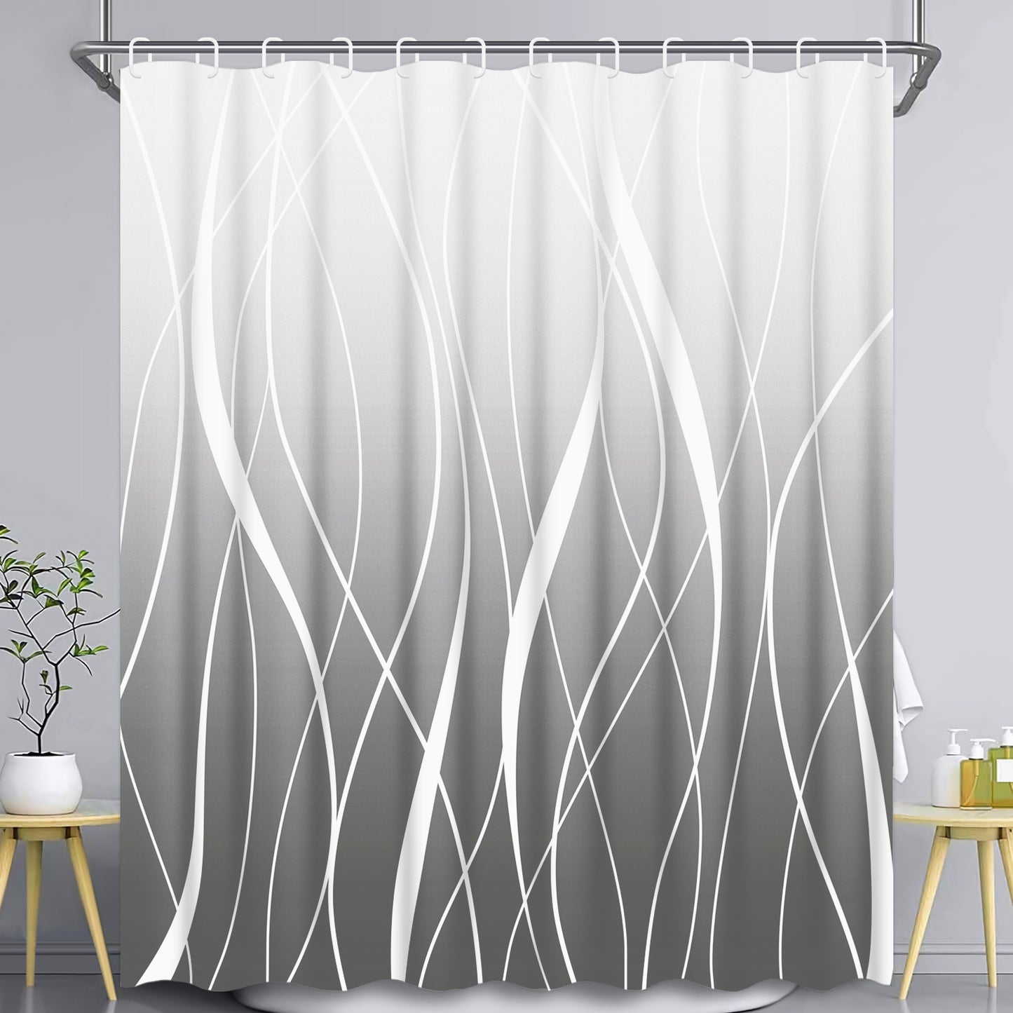FRAMICS 15-Piece Ombre Gray Shower Curtain Sets with Rugs, Waterproof Fabric Striped Gradient Bathroom Sets, 72" x 72"