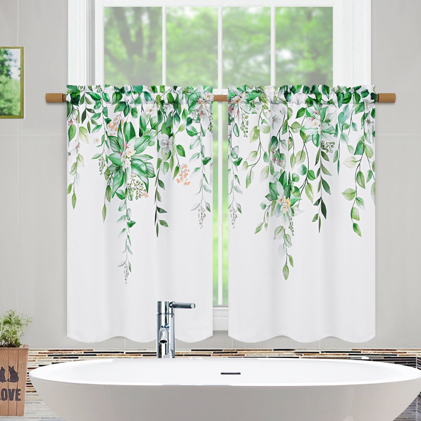 Alishomtll Green Valance Curtains for Living Room Bedroom Kitchen Windows Watercolor Floral Print ,52 x 18 inch,Rod Pocket