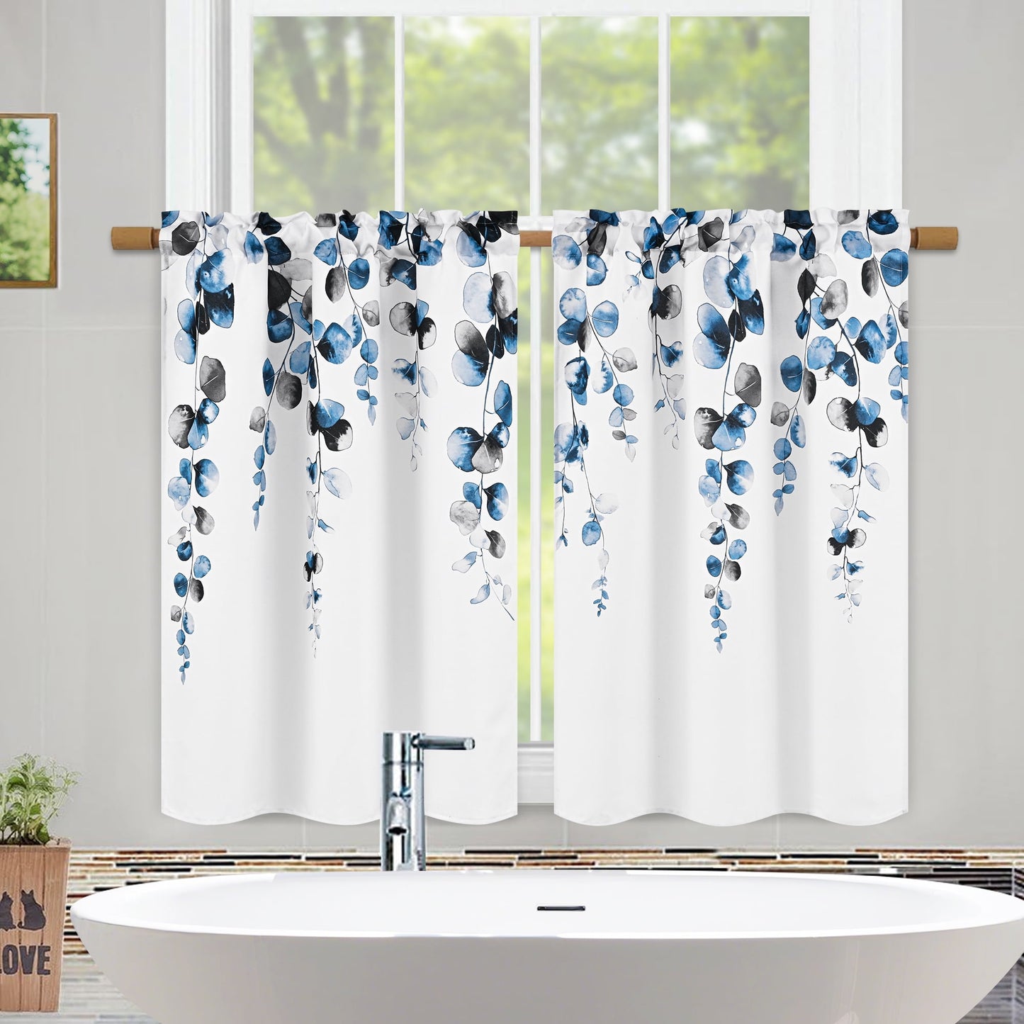 Alishomtll Valance Curtains for Living Room Bedroom Kitchen Windows Grey Blue Watercolor Leaves Print ,52 x 18 inch,Rod Pocket