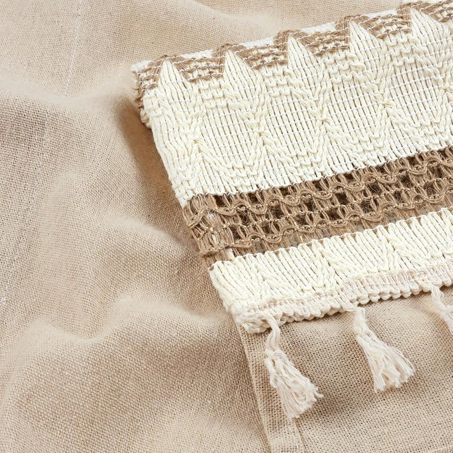 Alishomtll Boho Linen Light Filtering Curtains 84 Inches Long Farmhouse Rustic Striped Drapes Macrame Burlap ,Rod Pocket ,Beige ,with Tassel