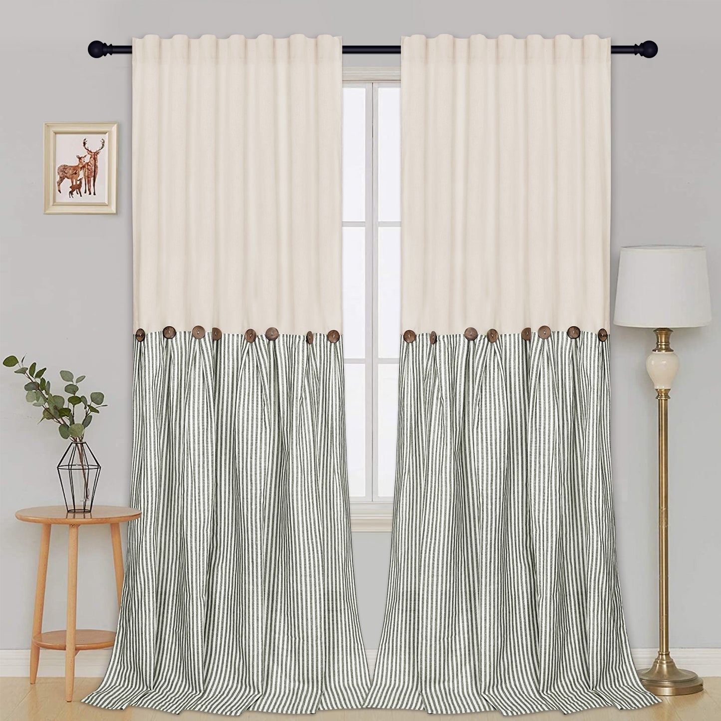 Alishomtll Farmhouse Curtains Natural Stripe Cotton Linen Button Boho Rustic Rod Pocket Back Tab Window Drapes for Living Room , 2 Panels