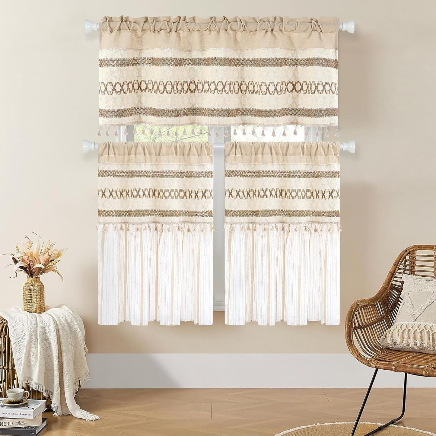Alishomtll Boho Linen Light Filtering Curtains 84 Inches Long Farmhouse Rustic Striped Drapes Macrame Burlap ,Rod Pocket ,Beige ,with Tassel
