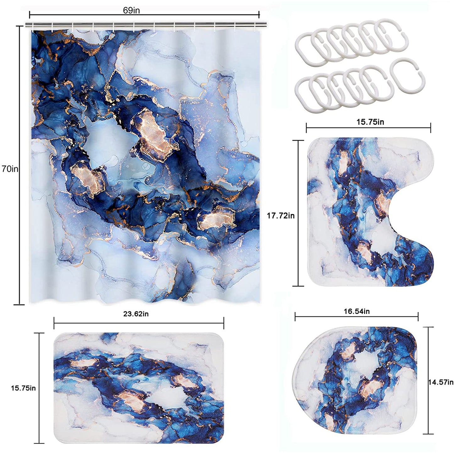 FRAMICS Navy Blue Luxury Marble Shower Curtain and Rug Sets, 16 Pc Modern Abstract Bathroom Sets, Waterproof Fabric Shower Curtain with 12 Hooks and Toilet Rugs