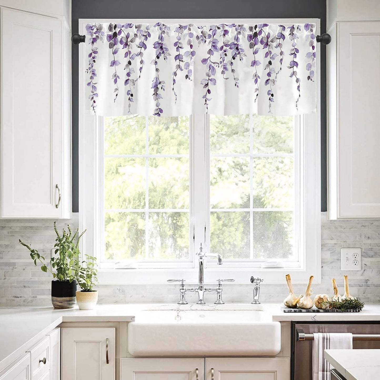 Alishomtll Valance Curtains for Living Room Bedroom Kitchen Windows Grey Purple Watercolor Leaves Print ,52 x 18 inch,Rod Pocket