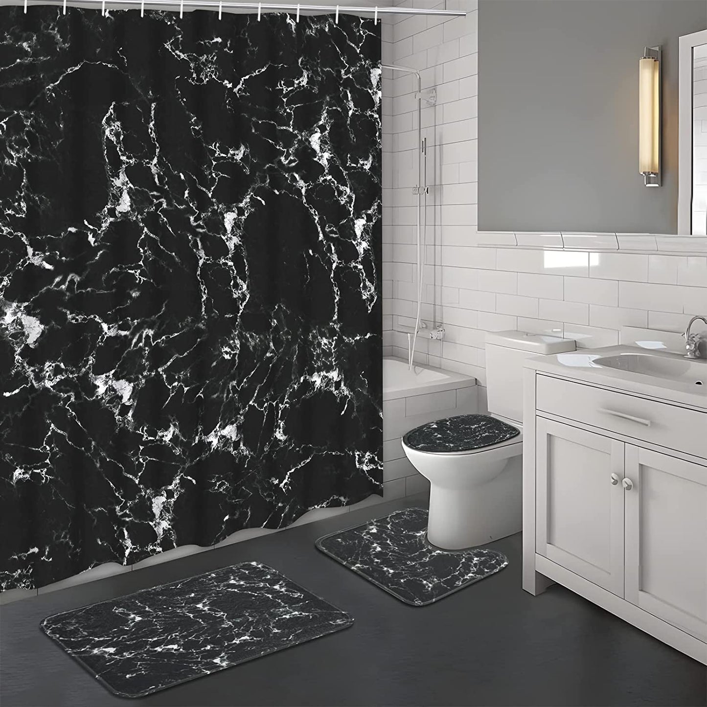 FRAMICS Black White Marble Shower Curtain and Rug Sets, 16 Pc Abstract Modern Bathroom Sets, Waterproof Fabric Shower Curtain with 12 Hooks and Toilet Rugs