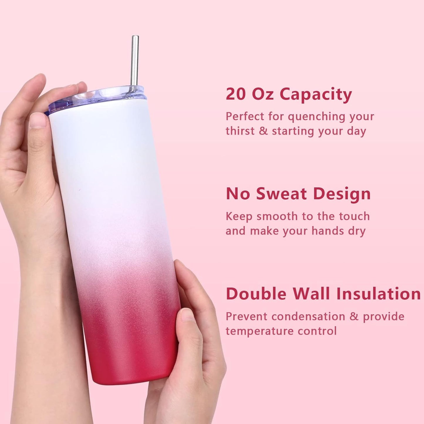 Gingprous 20oz 4 Pack Stainless Steel Skinny Tumbler with Lids Straws , Double Wall Travel Tumblers, Vacuum Insulated Tumblers,Insulated Coffee Cup,White Gradient Magenta