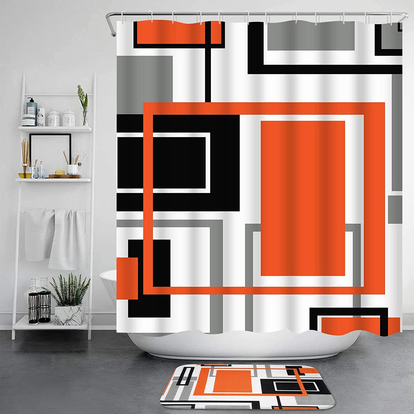 FRAMICS Orange Geometric Shower Curtain Sets with Rugs, 16 Pc Modern Abstract Bathroom Sets, Waterproof Fabric Bathroom Curtain Decor with Hooks