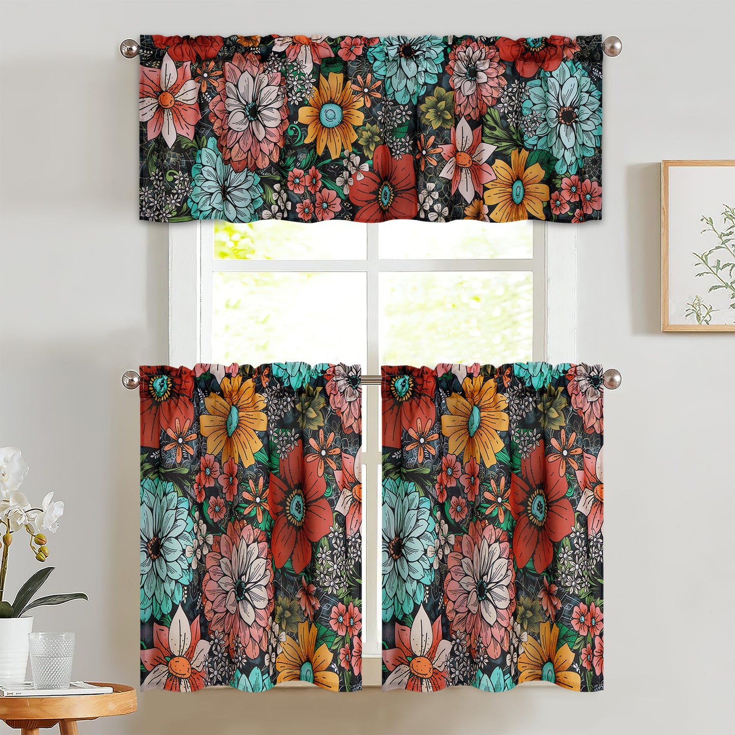 Alishomtll Boho Floral Print Kitchen Curtains 24 Length Sets for Small Window,2 Panels,Rod Pocket